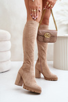 Zateplené dámske čižmy na podpätku eko semiš béžové Tirisha