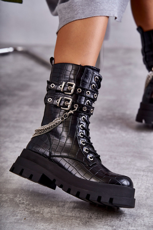 Vysoké Pracovní Boty S řetízkem Had Černý Montero
