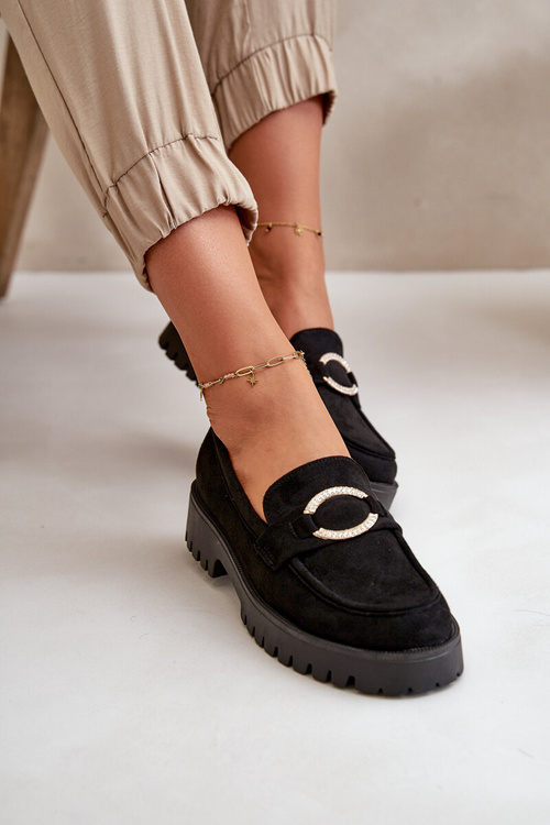 Dámske eko semišové mokasíny s lesklým detailom čierne Avellina