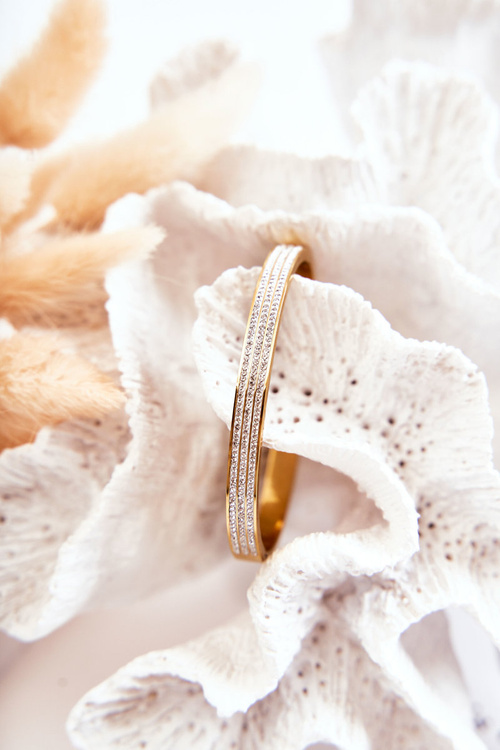 Dámsky oceľový náramok s dekoratívnymi zlatými zirkónmi