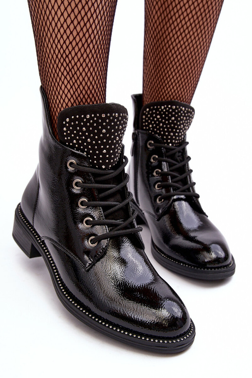 Zdobené lakované nízke topánky dámska čierna hattia