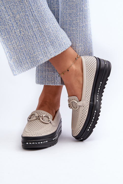 Dámské kožené mokasíny na platformě s ozdobou S.Barski LR750 béžové