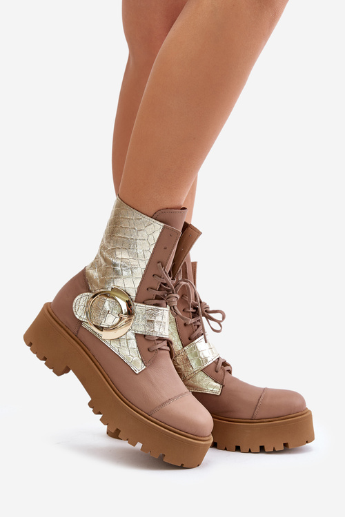 Zazoo 2942 Kožené Boty Worker Se Zlatým Sponou Béžové