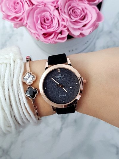 Dámské hodinky Michael John Evento černé semišový popruh brokát