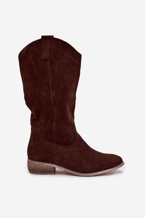 Kozaki Kovbojky Na Nízkém Podpatku Z Eko Semiše Čokoládové Cherrie