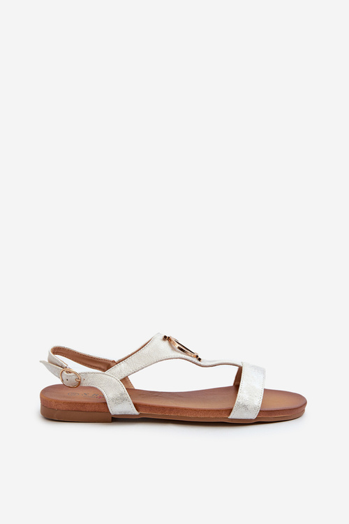 Dámské Ploché Sandály S Zlatou Ozdobou S.Barski KV27-051 Bílo-Stříbrné