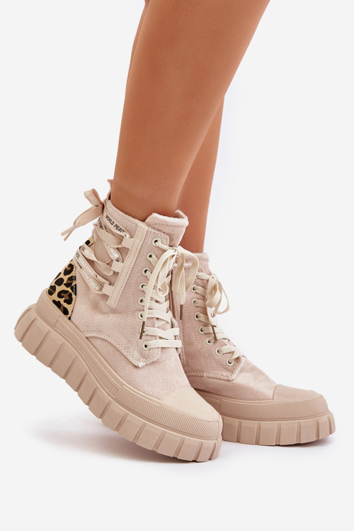 Dámské botky na platformě s ozdobným šněrováním leopardí světle béžové Edidda