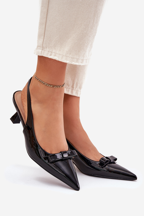 Lakované Sandále Na Opätku S Mašľou Čierne Naylna