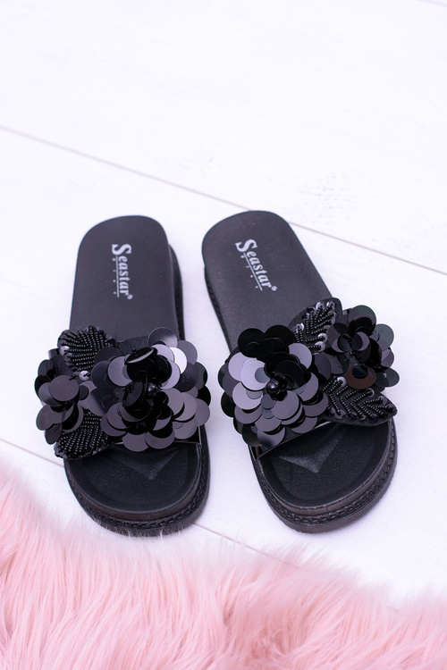 Dámske čierne flip -flops s kvetinovým vzorom Muah