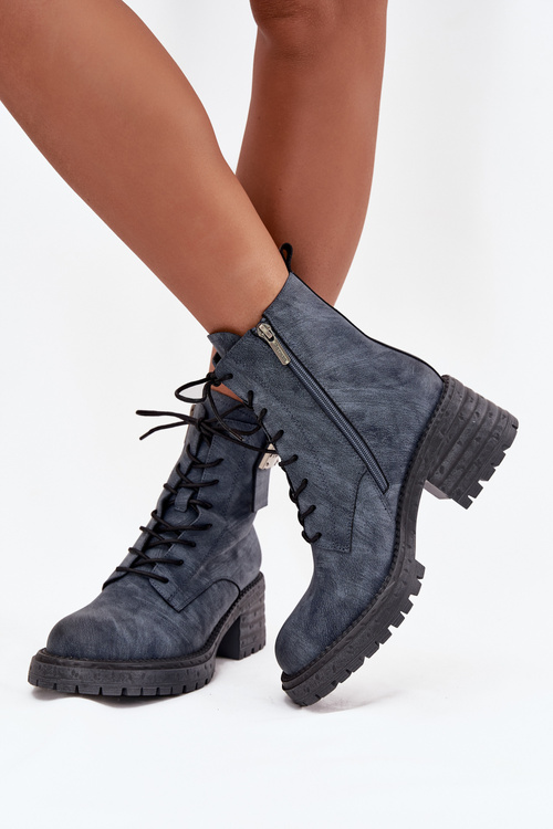 Kožené dámske pracovné čižmy na blokovom podpätku s ozdobným detailom Artiker 57C0212 Modrá