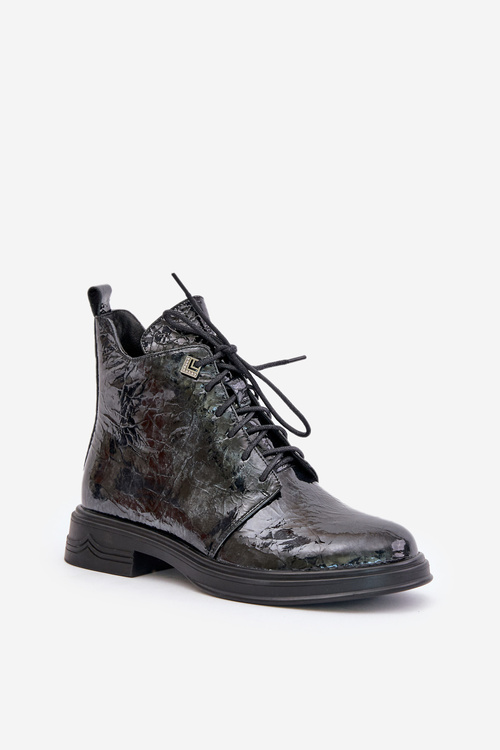 Kožené Lakované Dámske Čižmy Zateplené Na Zips D&A LZ42-042 Čierno-Šedé