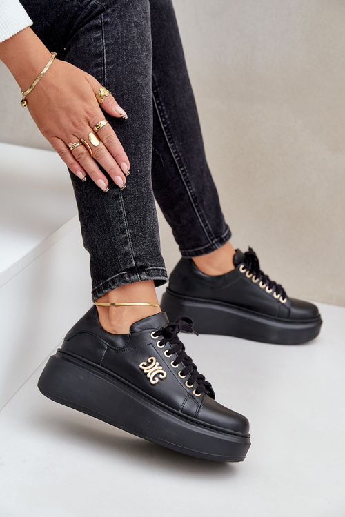 Tenisky Z Přírodní Kůže Na Platformě Zlatá Dekorace Lewski 3428 Černé