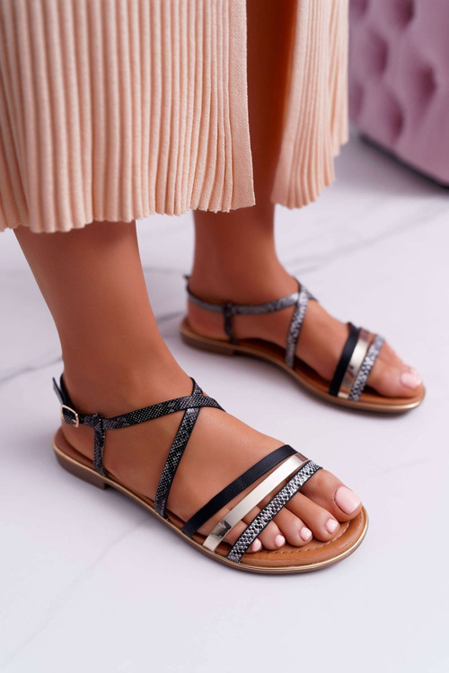 Dámske sandále ploché hadí pokožka čierna dahira