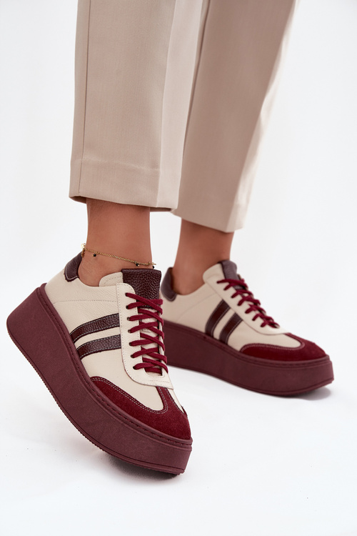 Kožené dámske tenisky na platforme Zazoo 3775 béžovo-bordové