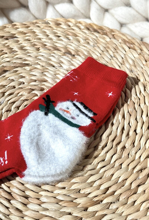 Dětské Vánoční Bavlněné Ponožky S Sněhulákem Červené