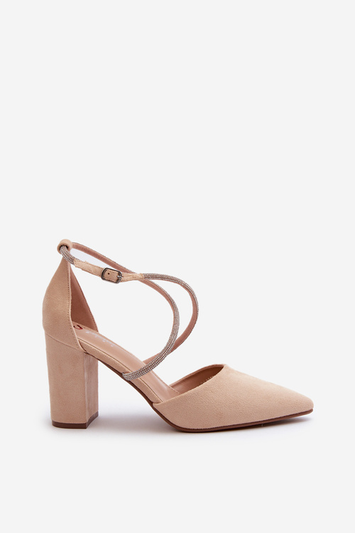 Sametové lodičky na podpatku s kubickým zirkonem béžové Lagra