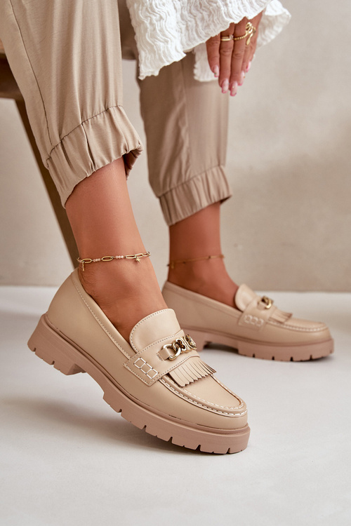 Eko Kožené Dámské Mokasíny S Zlatým Ozdobou Bežové Zanita