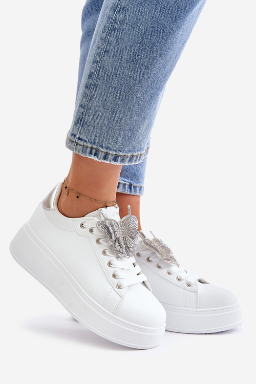 Dámske tenisky na platforme s motýľom bielo-strieborné Naritevia