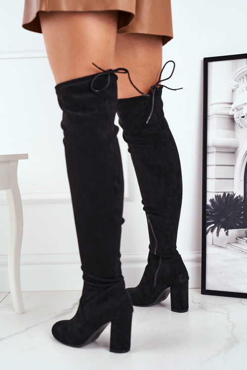 Dámské Kozačky Na Podpatku Semišové Černé Highso