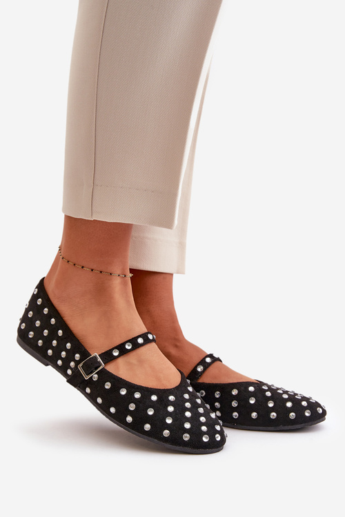 Zdobené baleríny s páskem eko zamšové černé Tirilissa