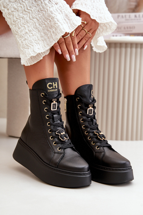 Dámské Kožené Boty Workery S Připínáky Černé CheBello 4294