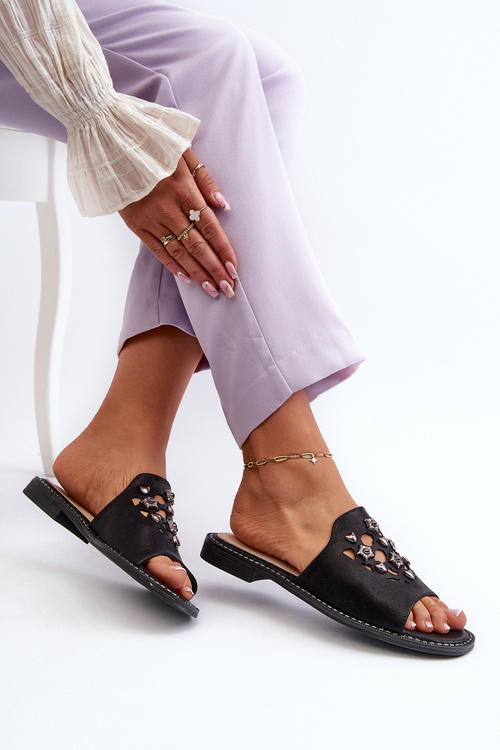 Lesklé dámske sandále s ozdobami S.Barski KV27-063 čierne