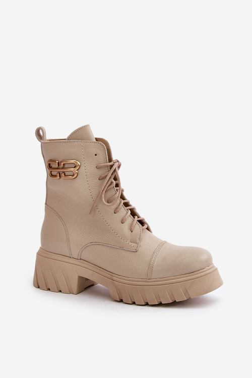 Zazoo 60486 Kožené Boty Worker S Podšívkou A Zlatým Detalem Světle Béžové