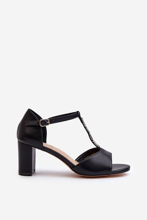 Dámské sandály na podpatku s ozdobným páskem eko kůže černé Triavera