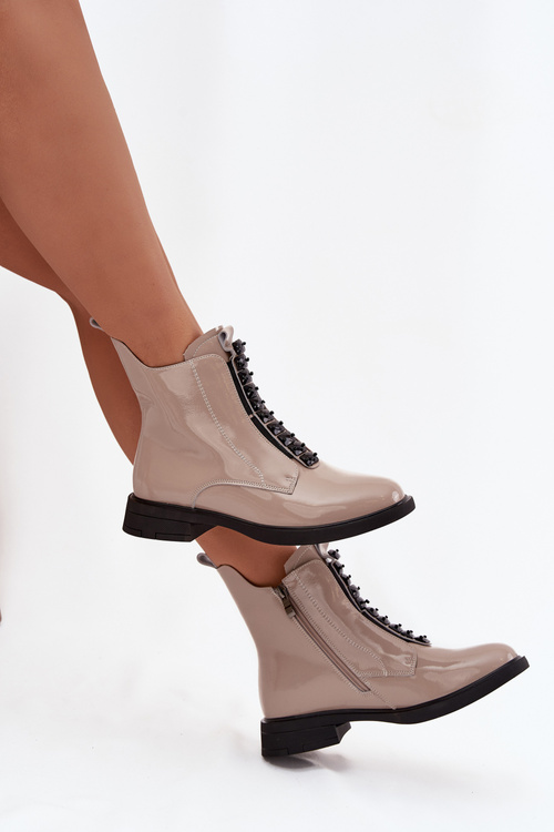 Lakované dámské kotníkové boty z pravé kůže D A MR52 108 béžové