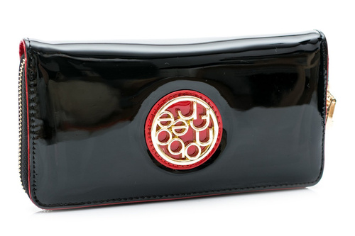 Duży Damski Czarny Lakierowany Portfel Nobo Czerwień