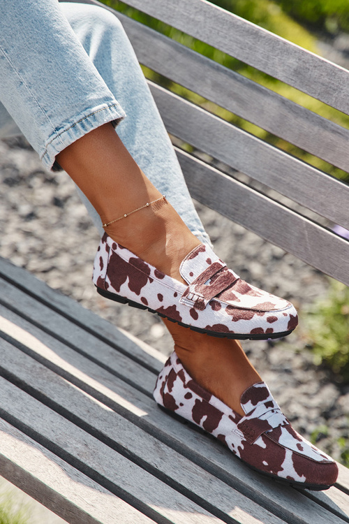 Loafersy Mokasyny Dámské Ploché V Látách Hnědo-Bílé Soreline