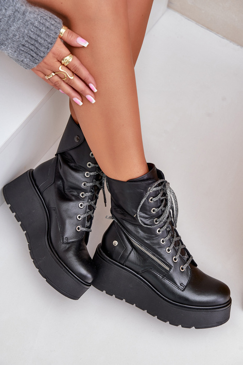 Kožené Boty Worker Na Platforme A Klíne Maciejka 06676-01 Čierne