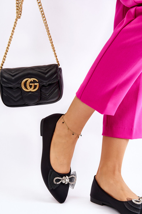 Dámské baleríny s výstřihem do V a ozdobnou mašlí Černá Luminous