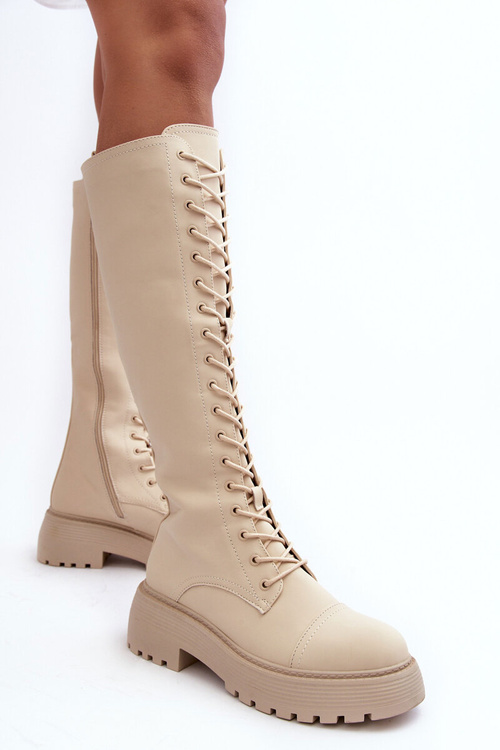 Glany Šněrovací Ocukané Kozaky Před Koleno Bežové Bergdis