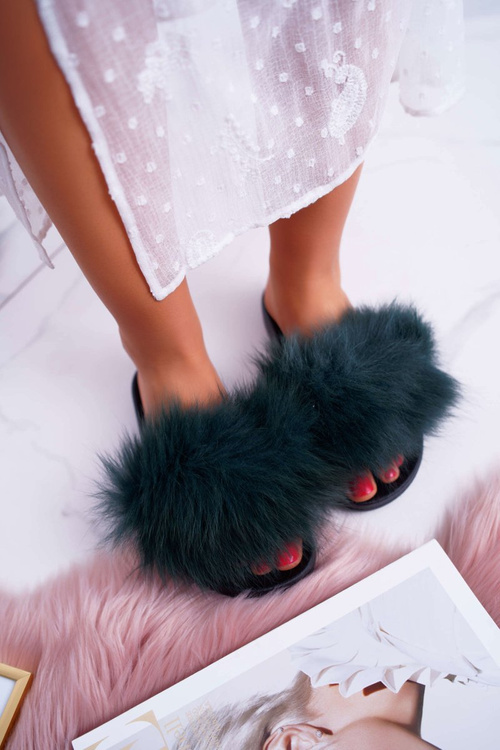 Ženské žabky s kožušinovou zelenou farbou