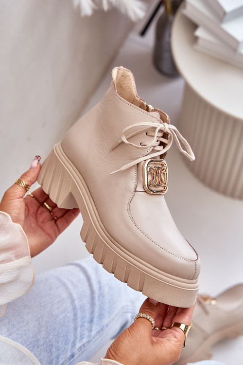 Zazoo 2952 Kožené Boty Se Zlatou Dekorací Béžové