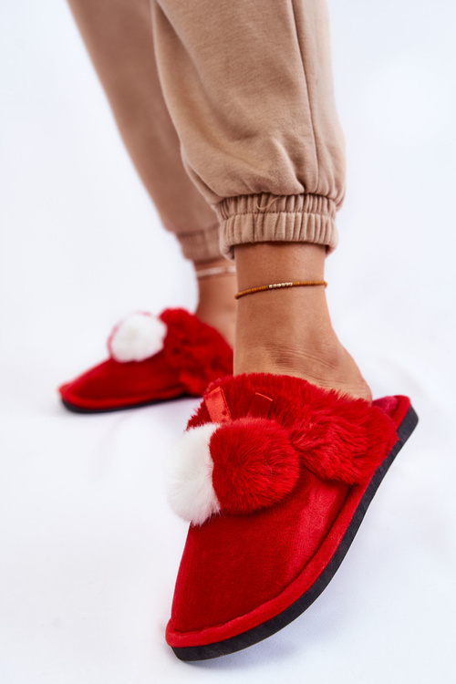 Dámské pantofle s bambulí a kožešinou Červené Sahira