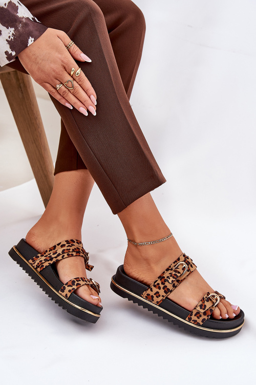 Dámské pantofle na platformě s pásky a sponami hnědé Ziferte