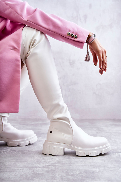 Kožené Boty Přes koleno Na Plochém Podpatku GOE KK2N4022 Bílé