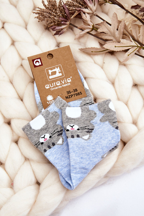 Dámské legrační ponožky zvířecí vzor kočky Modrý