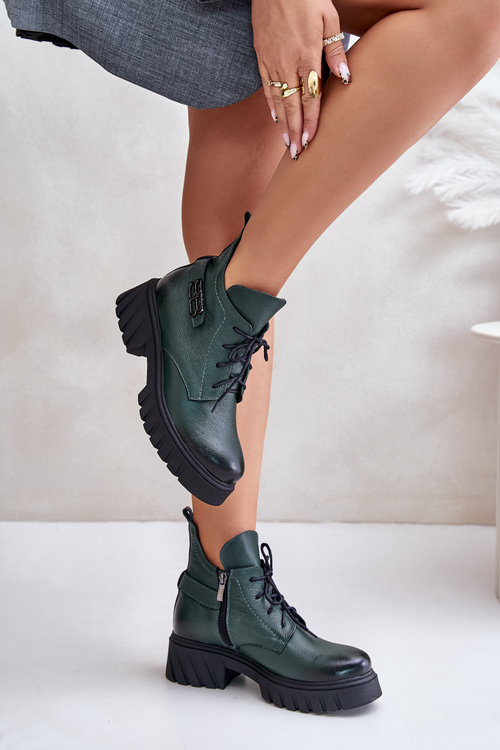 Zazoo 60483 Dámske Kožené Čižmy S Nízkym Zvrškom Zateplené Tmavozelené