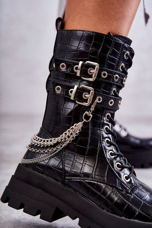 Topánky s vysokými pracovníkmi s čiernym hadom reťazcom Montero