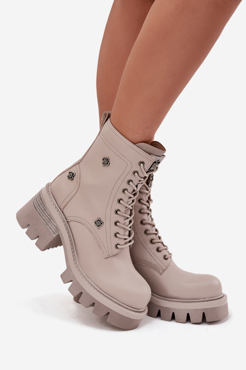 Kožené Workery Dámské Na Klocku S Pripinkami Artiker 57C0181 Béžové