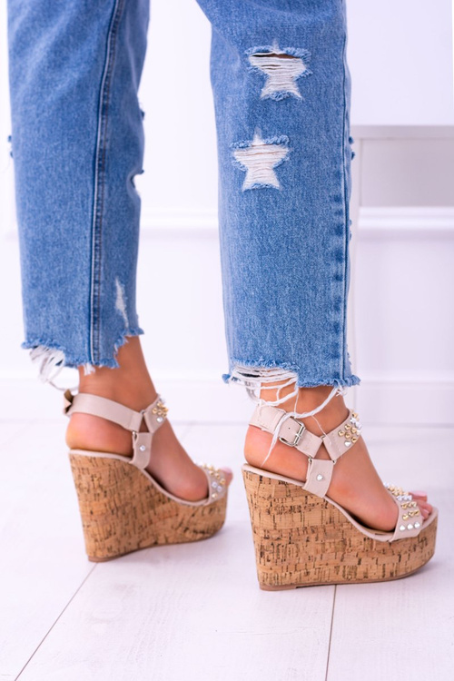 Lu boo béžové dámske sandále na klinových škrupinách Valeria