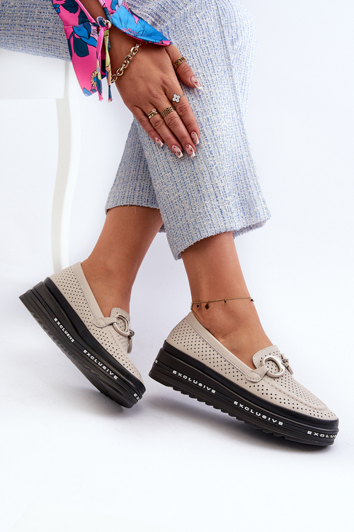 Dámske kožené mokasíny na platforme s ozdobou S.Barski LR750 béžové