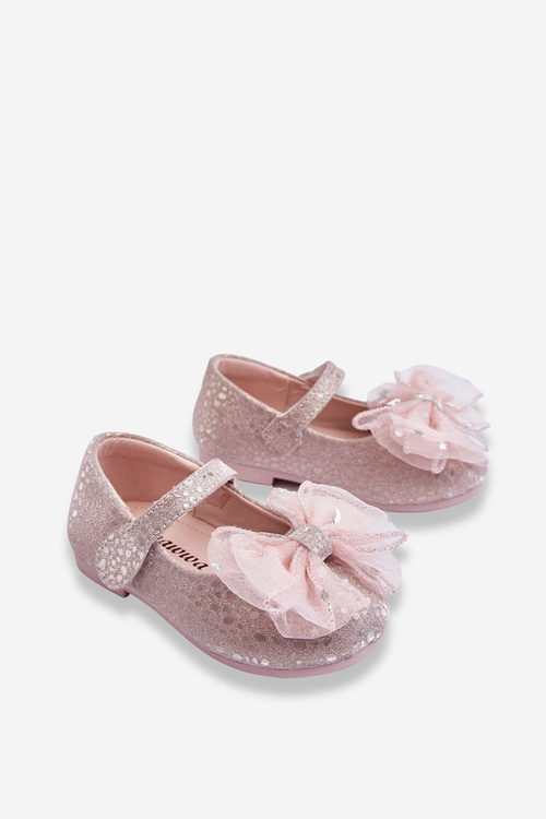 Dětské balerínky s mašlí a třpytkami na suchý zip Stříbrno-růžová Elisa