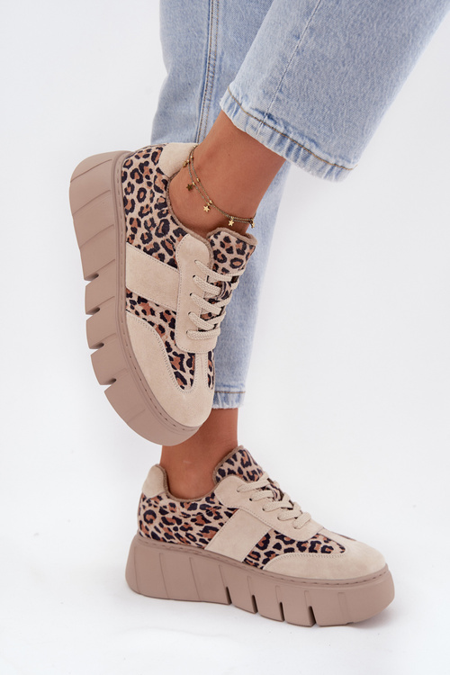 Semišové zateplené dámske tenisky na masívnej platforme Vinceza 66841 Leopard béžové