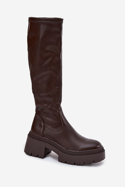 Dámské kozačky na masivním podpatku a platformě s nazouváním hnědé Florinne