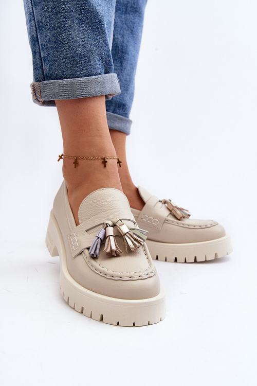 Dámské kožené mokasíny s ozdobou CheBello 4369 béžové