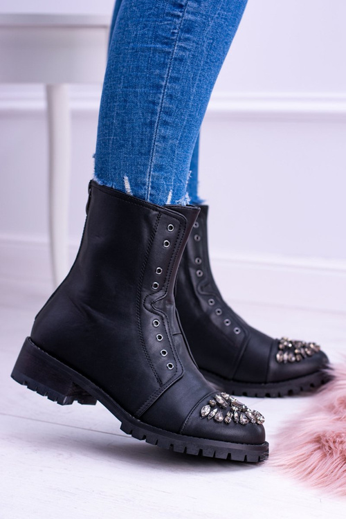 Lu Boo | Czarne Damskie Botki Za Kostkę z Cyrkoniami Carrie